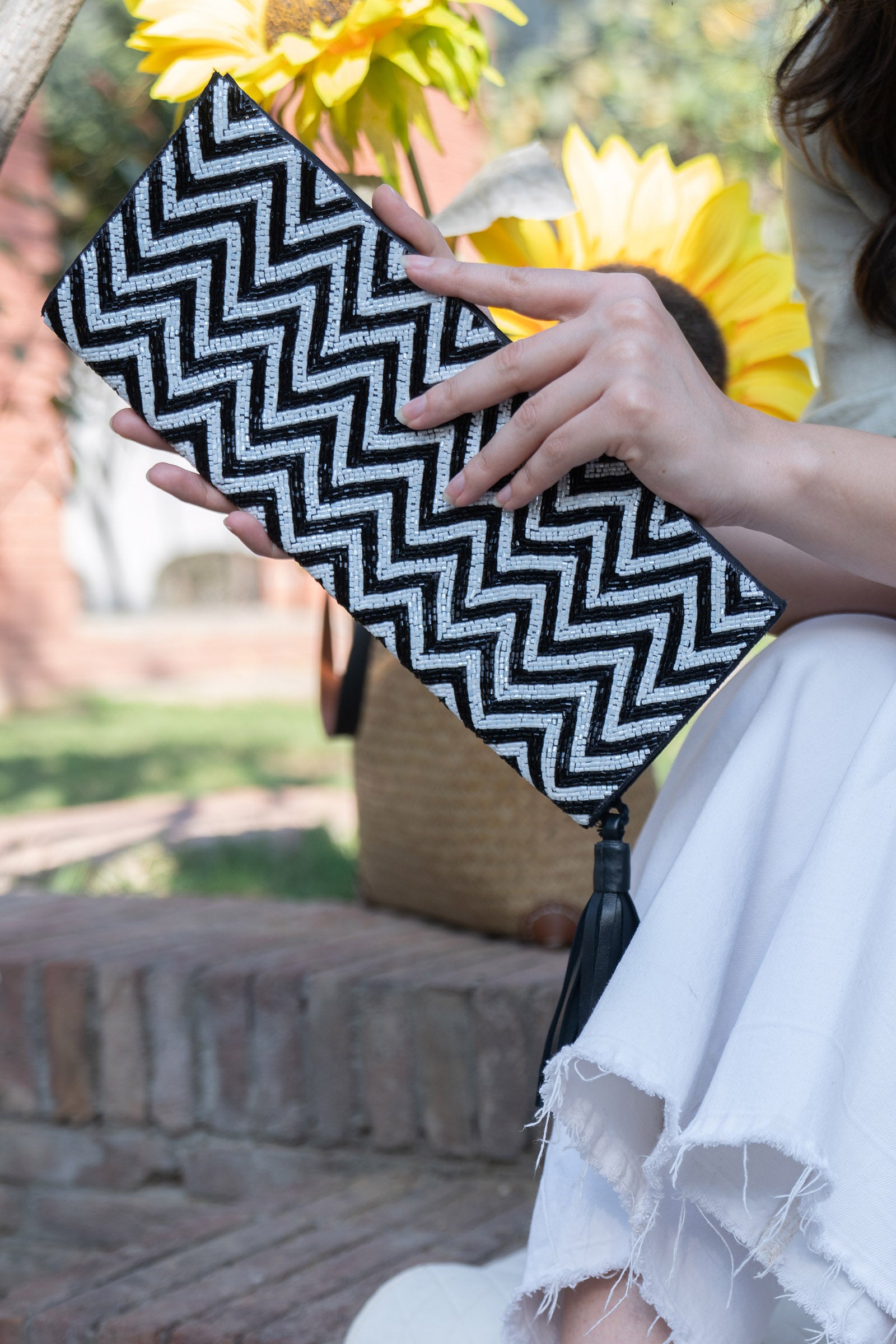 Chevron Foldover Monochrome Beaded Clutch