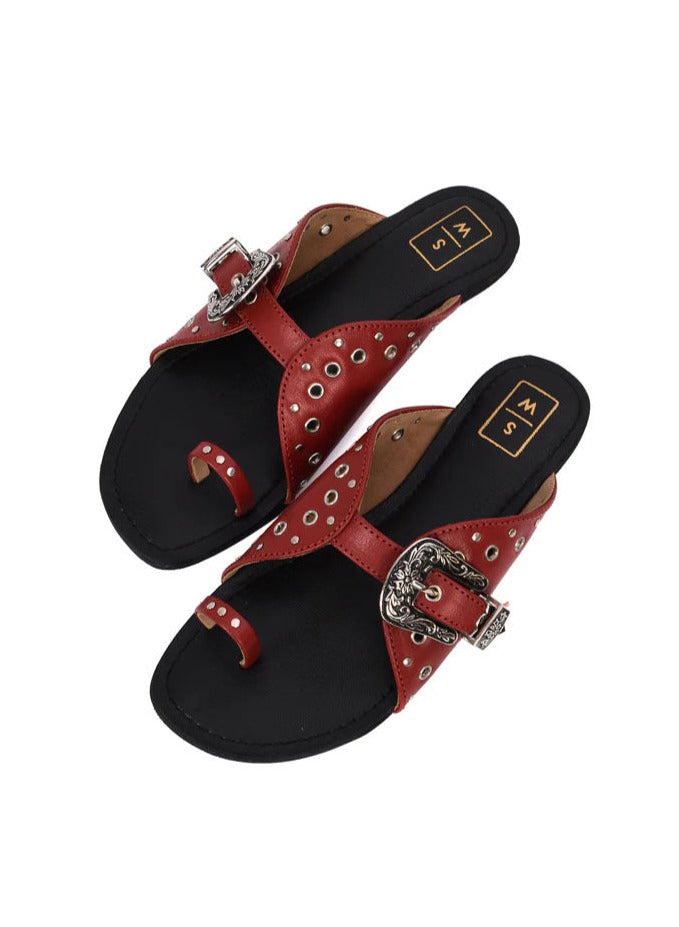 Nadia Red & Silver Studded Flats