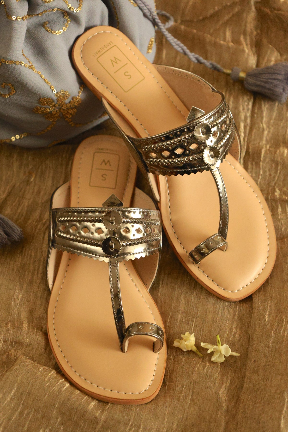 Roxanne Glitzy Gunmetal Vegan Kolhapuri Sandals