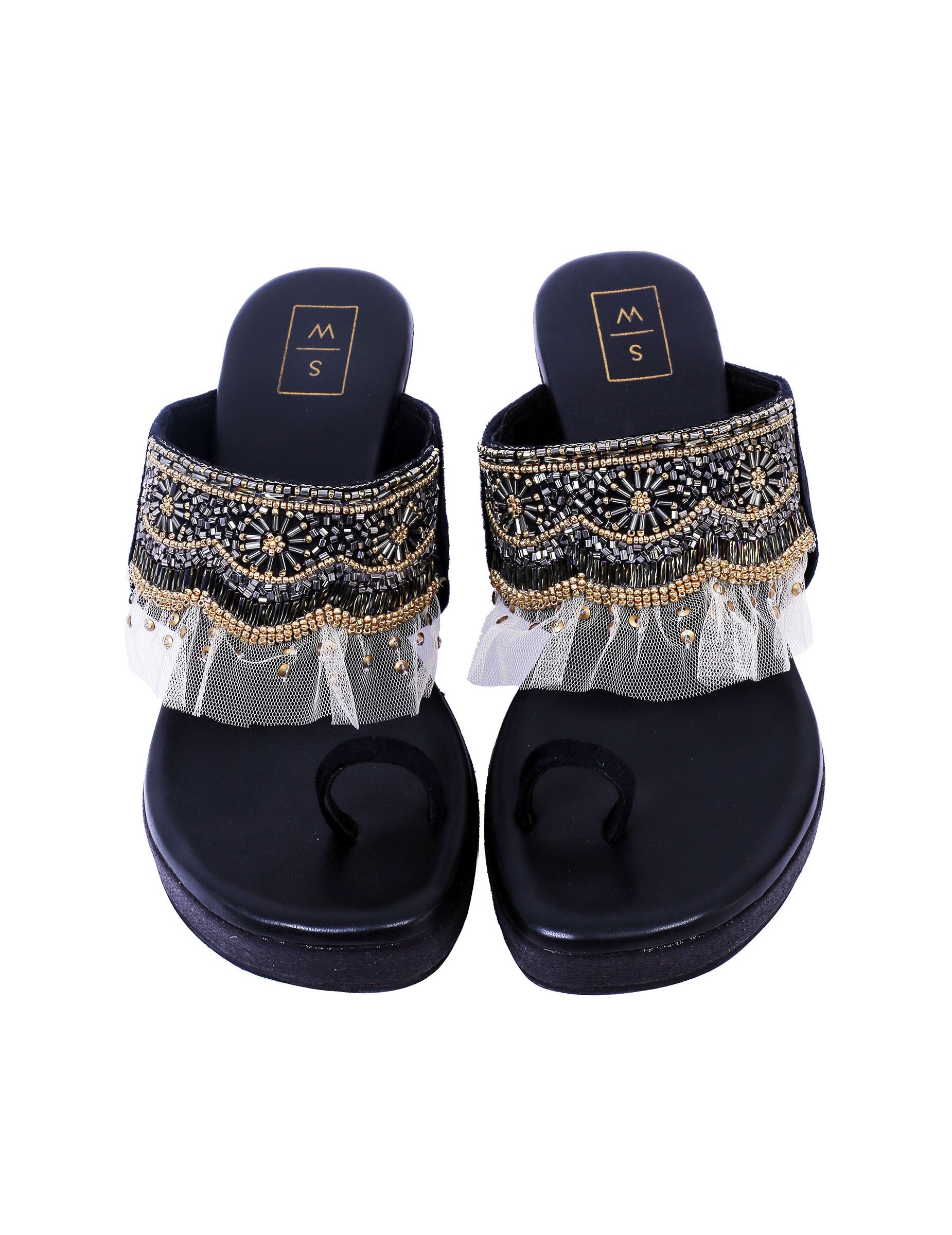 Mia Black & Gold Wedge Sandals