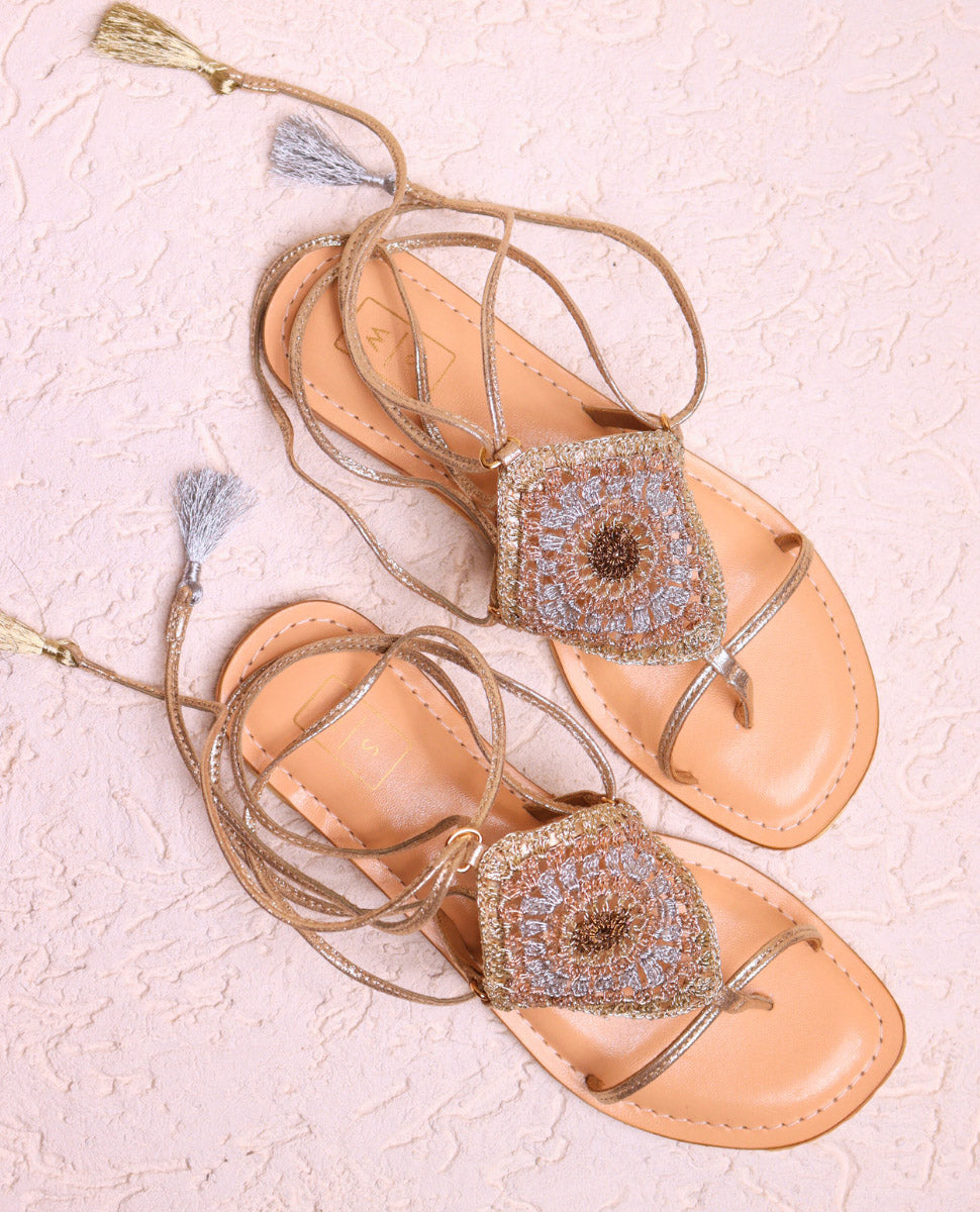 Angelina Gold Crochet Tie Up Sandals