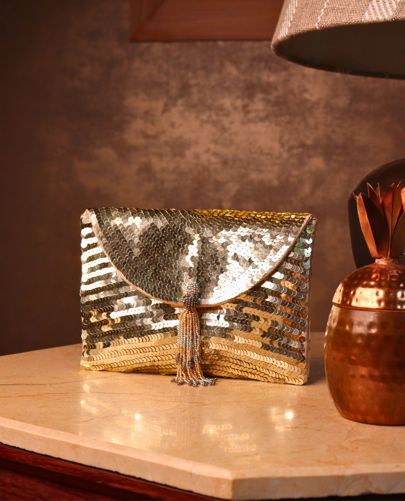 Gold sequin hot sale clutch