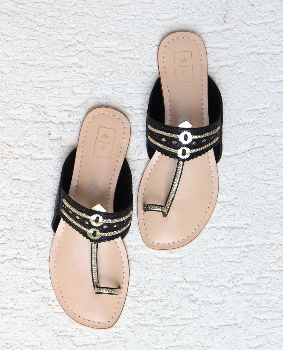 Lexie Black & Gold Kohlapuri Sandals