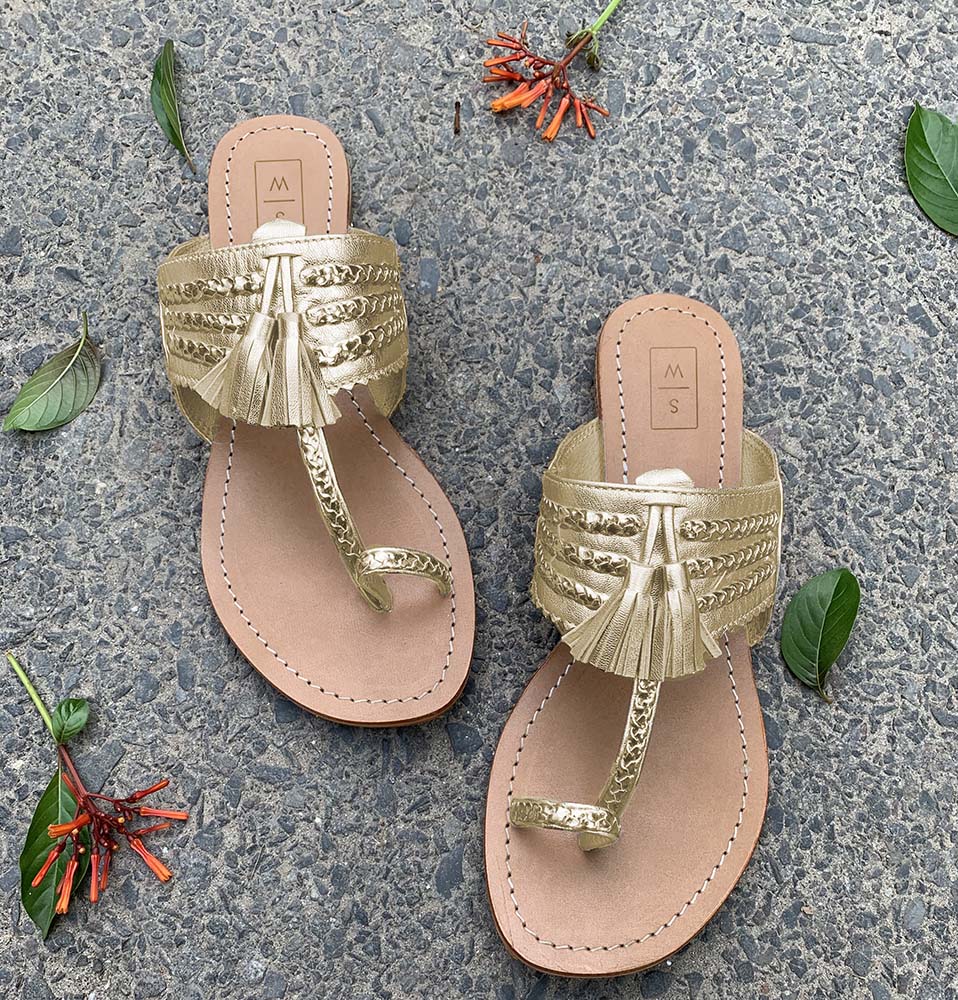 Buy Gold Embellished Kolhapuri Sandals by Feetoes Shoes Online at Aza  Fashions.